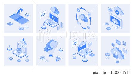 Cloud storage 3d isometric concept set with isometric icons design for web. Collection of uploading and downloading data, online backup system, cyberspace processing and computing. Vector illustration Cloud storage 3d isometric concept set with isometric icons design for web. Collection of uploading and downloading data, online backup system, cyberspace processing and computing. Vector illustration 138253515