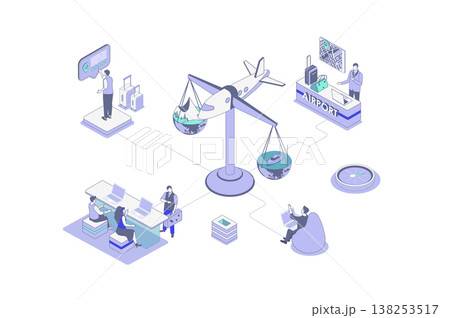 Travel vacation isometric concept in outline isometry design for web. People planning vacation trip, booking flight tickets with luggage, going airport control, boarding plane. Vector illustration. 138253517