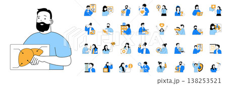 Medical concept with character situations mega set in flat web design. Bundle of scenes people visiting doctor at hospital, getting diagnostic and rehabilitation at clinic. Vector illustrations. Medical concept with character situations mega set in flat web design. Bundle of scenes people visiting doctor at hospital, getting diagnostic and rehabilitation at clinic. Vector illustrations. 138253521