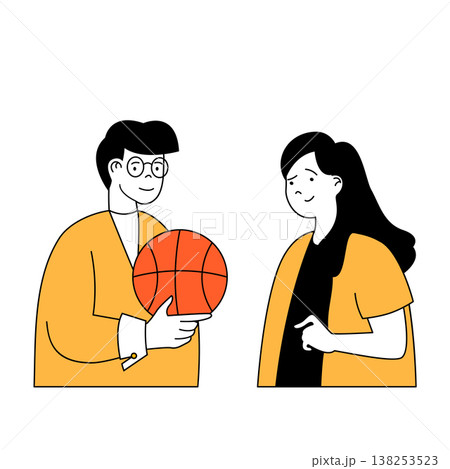 Fitness concept with cartoon people in flat design for web. Woman and man playing basketball and training in team for competition. Vector illustration for social media banner, marketing material. Fitness concept with cartoon people in flat design for web. Woman and man playing basketball and training in team for competition. Vector illustration for social media banner, marketing material. 138253523