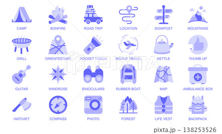Camping web icons set in duotone flat design. Pack pictograms with camp, bonfire, road, trip, location, signpost, mountains, grill, orienteering, travel, kettle, compass, other. Vector illustration. Camping web icons set in duotone flat design. Pack pictograms with camp, bonfire, road, trip, location, signpost, mountains, grill, orienteering, travel, kettle, compass, other. Vector illustration. 138253526