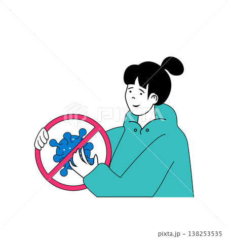 Medical concept with cartoon people in flat design for web. Woman protecting immunity and stopping virus illness with vaccination. Vector illustration for social media banner, marketing material. Medical concept with cartoon people in flat design for web. Woman protecting immunity and stopping virus illness with vaccination. Vector illustration for social media banner, marketing material. 138253535