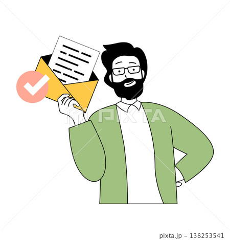 Time management concept with cartoon people in flat design for web. Man getting business email with confirmation of goal achievement. Vector illustration for social media banner, marketing material. 138253541