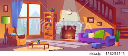 Living room with fireplace background banner in cartoon design. Classic home interior with sofa and armchair, warm fire, bookcase, wooden ladder and window, houseplants. Vector cartoon illustration Living room with fireplace background banner in cartoon design. Classic home interior with sofa and armchair, warm fire, bookcase, wooden ladder and window, houseplants. Vector cartoon illustration 138253543