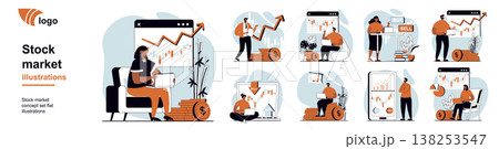 Stock market concept with people scenes mega set in flat web design. Bundle of character situation with monitoring financial data, buy or sell with success investment strategy. Vector illustrations. 138253547