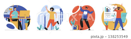 Anger emotion concept with people scenes set in flat web design. Bundle of character situations with angry feeling and aggressive expression at office, paperwork stress, other. Vector illustrations. Anger emotion concept with people scenes set in flat web design. Bundle of character situations with angry feeling and aggressive expression at office, paperwork stress, other. Vector illustrations. 138253549