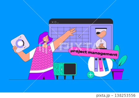 Project management concept in modern flat design for web. Woman organizing workflow processes and agenda with deadline in company. Vector illustration for social media banner, marketing material. Project management concept in modern flat design for web. Woman organizing workflow processes and agenda with deadline in company. Vector illustration for social media banner, marketing material. 138253556