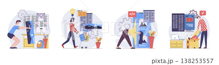 Web development concept with people scenes set in flat design. Collection of character situation with developers creating and programming wireframe app interfaces with content. Vector illustrations. 138253557