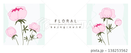 Floral horizontal web banner. Pink blooming peony bouquets with green leaves on abstract background. Summer flowers backdrop. Vector illustration for header website, cover templates in modern design Floral horizontal web banner. Pink blooming peony bouquets with green leaves on abstract background. Summer flowers backdrop. Vector illustration for header website, cover templates in modern design 138253562