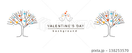 Valentine Day horizontal web banner. Romantic birds couple kissing near love decorative trees with hearts on white background. Vector illustration for header website, cover templates in modern design Valentine Day horizontal web banner. Romantic birds couple kissing near love decorative trees with hearts on white background. Vector illustration for header website, cover templates in modern design 138253570