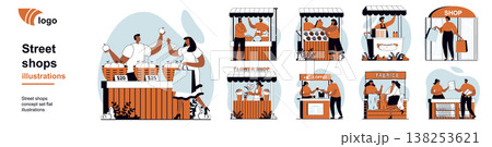Street shops concept with people scenes mega set in flat web design. Bundle of character situation with small selling businesses of flowers, vegetables, fast food or coffee. Vector illustrations. Street shops concept with people scenes mega set in flat web design. Bundle of character situation with small selling businesses of flowers, vegetables, fast food or coffee. Vector illustrations. 138253621