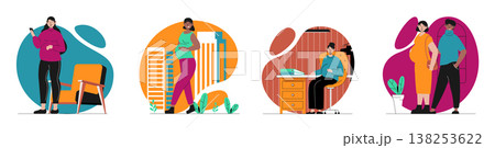 Pregnancy concept with people scenes set in flat web design. Bundle of character situations with young family waiting baby, mothers with pregnant bellies in daily activity. Vector illustrations. Pregnancy concept with people scenes set in flat web design. Bundle of character situations with young family waiting baby, mothers with pregnant bellies in daily activity. Vector illustrations. 138253622