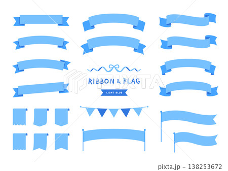 ライトブルーのリボンとフラッグの装飾セット 爽やかなバナー素材 138253672