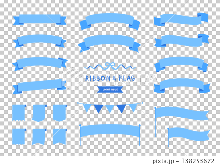 ライトブルーのリボンとフラッグの装飾セット 爽やかなバナー素材 138253672