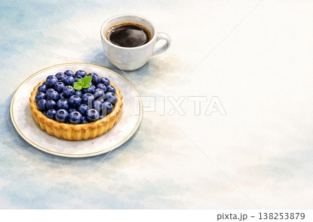 ブルーベリータルトとコーヒー　水彩風　余白あり背景素材　Generative AI 138253879