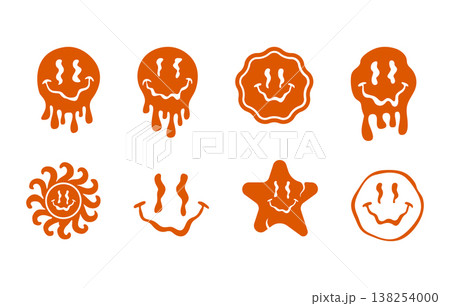Retro groovy melting smiley face vectors, Retro psychedelic melting smiling face vectors, 70s psychedelic aesthetic vectors -V02. 138254000