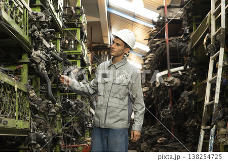Technician worker working and checking in garage scrap yard car workshop warehouse. Technician worker working and checking in garage scrap yard car workshop warehouse. 138254725