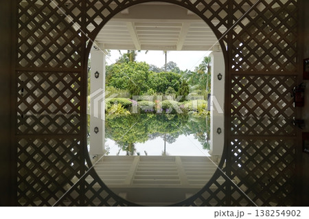 Botanical View Through a Lattice in Singapore Gardens 138254902
