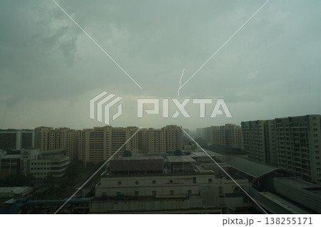 Stormy Weather and Lightning Over Urban Cityscape 138255171