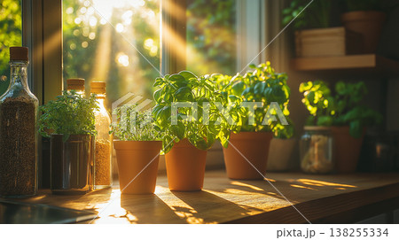 自然光が差し込むキッチンで育つフレッシュハーブのナチュラルライフスタイル空間 138255334