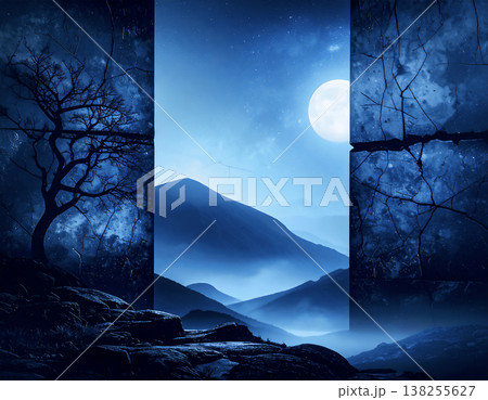 ひび割れた石壁の隙間から見える満月と霧に包まれた夜の山々。神秘的でシュールな抽象風景背景。 138255627