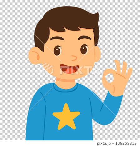 一幅男孩面帶微笑,比出「OK」手勢的插圖。 一幅男孩面帶微笑,比出「OK」手勢的插圖。 138255818