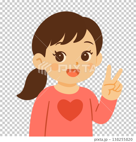 An illustration of a girl smiling and making a peace sign. 138255820