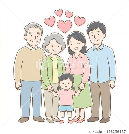 三世代家族のシンプルでかわいいイラスト　日本人ファミリーの笑顔と愛情　フラットデザイン・白背景 138256157