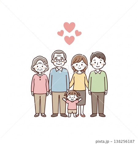 三世代家族のシンプルでかわいいイラスト 日本人ファミリーの笑顔と愛情 フラットデザイン・白背景 三世代家族のシンプルでかわいいイラスト 日本人ファミリーの笑顔と愛情 フラットデザイン・白背景 138256187