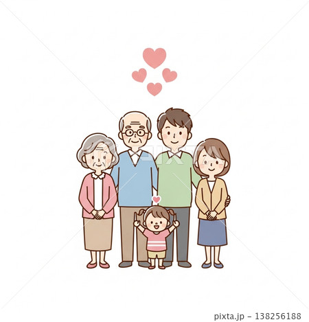 三世代家族のシンプルでかわいいイラスト　日本人ファミリーの笑顔と愛情　フラットデザイン・白背景 138256188