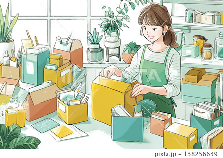 発送準備を行う女性スタッフ｜小売と梱包の仕事イメージイラスト 138256639