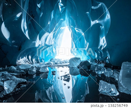 氷の洞窟の内部。透明感のある青い氷と光の幻想的な風景 氷の洞窟の内部。透明感のある青い氷と光の幻想的な風景 138256749