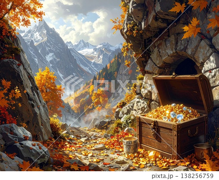 秋の紅葉に彩られた岩山の廃鉱と黄金が溢れる宝箱の風景 138256759