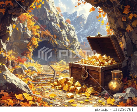 秋の紅葉に彩られた岩山の廃鉱と黄金が溢れる宝箱の風景 秋の紅葉に彩られた岩山の廃鉱と黄金が溢れる宝箱の風景 138256761