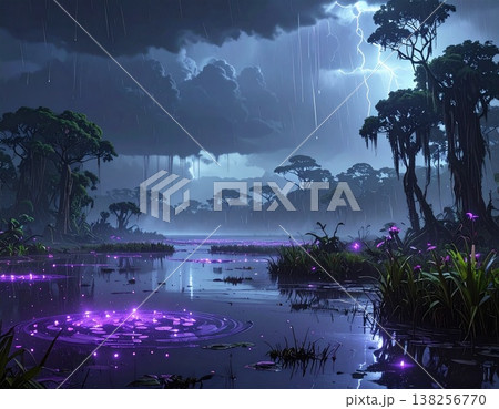 雷鳴が響く雨の湿地帯と紫に光る幻想的な水草の風景 138256770