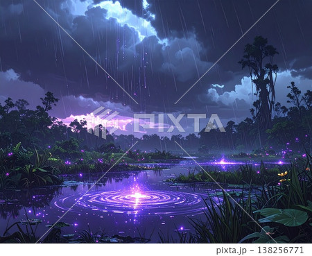 雷鳴が響く雨の湿地帯と紫に光る幻想的な水草の風景 138256771