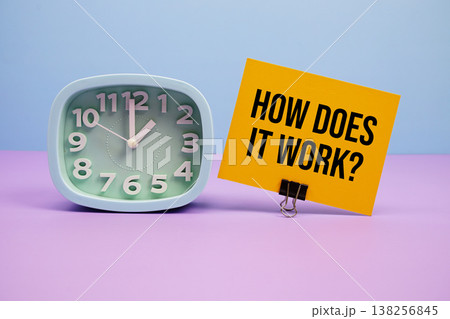 How Does It Work? text and alarm clock on blue and purple background 138256845