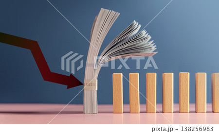 Red Arrow pushing US dollar stack onto dominos, Economic risk 138256983
