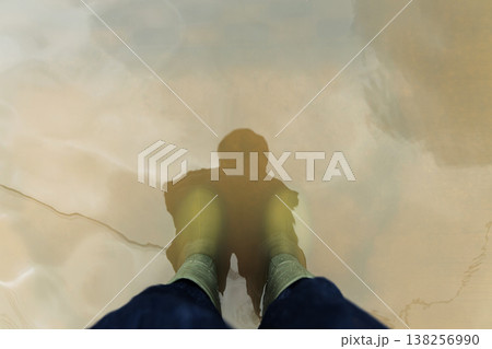 POV shot of person with Rain Boots standing in Floodwater. 138256990