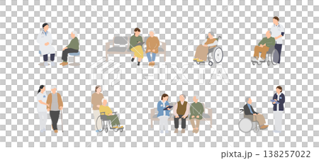 一組描繪老年人去醫院就診、接受醫療護理和接受護理的場景的插圖。 一組描繪老年人去醫院就診、接受醫療護理和接受護理的場景的插圖。 138257022