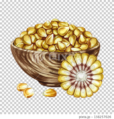 Corn kernels in a wooden bowl and a piece of corn on the cob. Hand-drawn watercolor illustration. Perfect for labels and packaging, as well as menus, banners, posters, and more 138257026