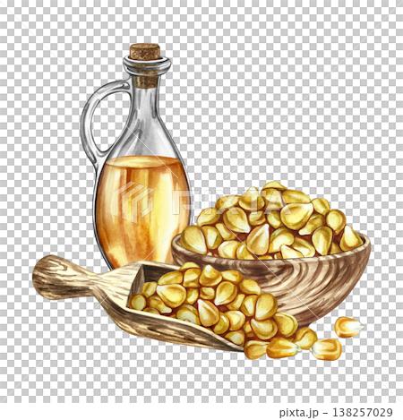 Corn oil. Hand-drawn watercolor illustration. Corn kernels in a wooden bowl and a wooden scoop, and a bottle of oil. Perfect for labels and packaging, as well as menus, banners, posters, and more. 138257029