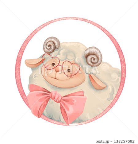 Adorable fluffy sheep portrait wearing heart shaped pink glasses and a large pink bow in a round frame 138257092