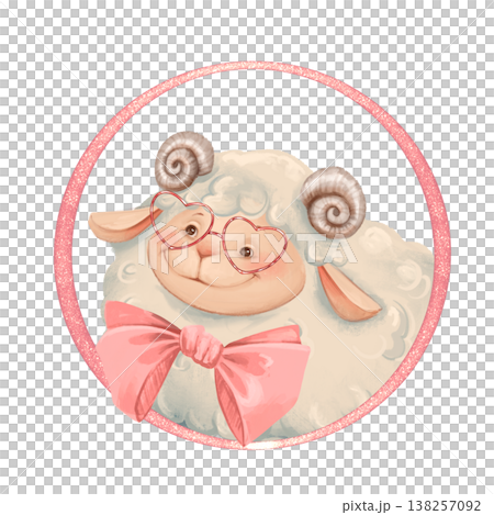 Adorable fluffy sheep portrait wearing heart shaped pink glasses and a large pink bow in a round frame 138257092