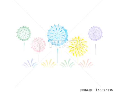 花火 カラフル 横一列 水彩 イラスト かわいい やわらかい パステル 夏 バナー 背景 素材 138257440