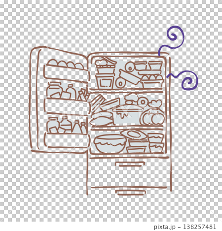 An illustration of the contents of a messy refrigerator. 138257481