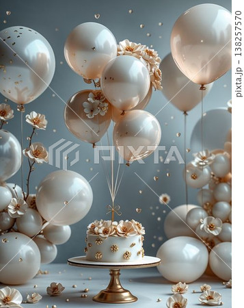 桜花とローズゴールドバルーン　青背景の祝いケーキ装飾素材 138257570