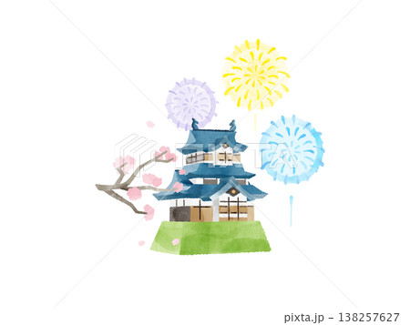 お城 桜 花火 水彩 イラスト かわいい デフォルメ 夜桜 打ち上げ花火 春 夏 観光 素材 138257627