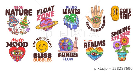 Cartoon y2k groovy stickers. Vector set of trippy, surreal patches of psychedelic mushrooms, floating planet, melting heart, rainbow snail, open palm and smiling flowers with retro hippie aesthetics Cartoon y2k groovy stickers. Vector set of trippy, surreal patches of psychedelic mushrooms, floating planet, melting heart, rainbow snail, open palm and smiling flowers with retro hippie aesthetics 138257690