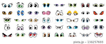 Cartoon character eyes face expressions of different emotions. Cute, funny, happy, angry and sad eyes vector emoji with retro googly eyeballs and comic eyebrows. Face expression emoticons set Cartoon character eyes face expressions of different emotions. Cute, funny, happy, angry and sad eyes vector emoji with retro googly eyeballs and comic eyebrows. Face expression emoticons set 138257693